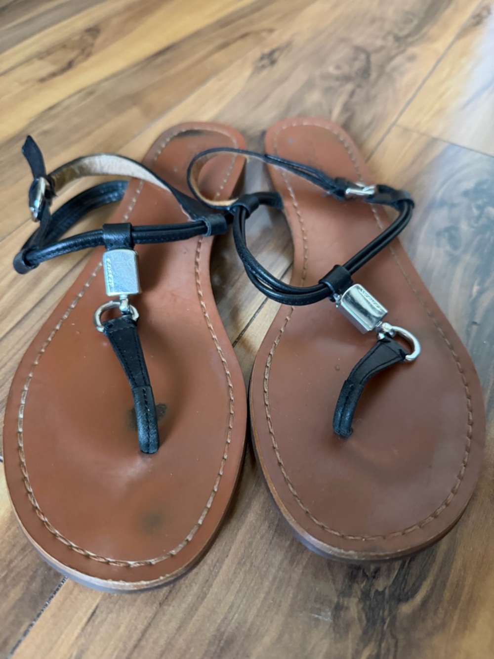 Coach Black T-Strap Brown Leather Flat